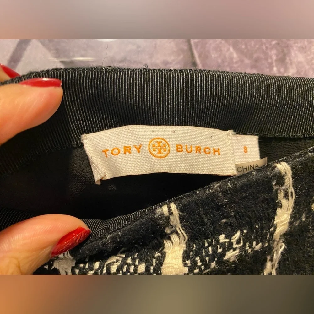 Tory Burch Marisol Mini Tweed Skirt Black Stitch Plaid Fringe 8 checkered